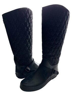 Sperry Black Glitter Rain Boots Knee High Quilted Waterproof Rubber Size 9